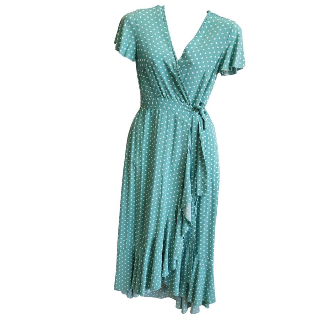 Cottagecore Green Polka Dot Ruffle Wrap Midi Dress S Boho Tie Waist Flow Flutter